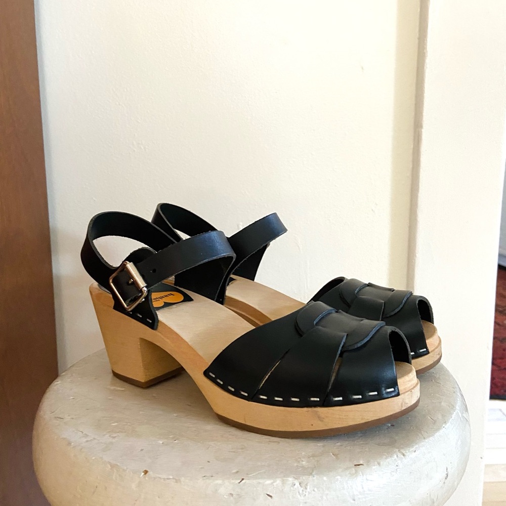 Swedish Hasbeens Toffel Black Leather Clog Sandals, Size 37
